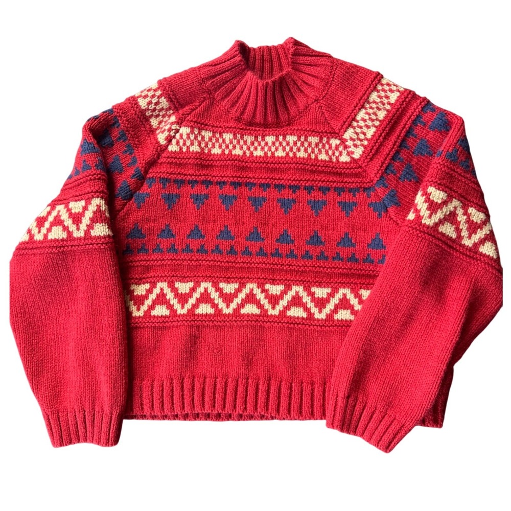 Universal Thread Fair Isle Sweater Women L Red Mock Neck Nordic Knit Excellent